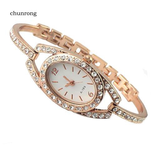 CHU_Lady's Fashion Minimalism Shiny Rhinestone Golden Tone Stainless Steel Wrist Watch