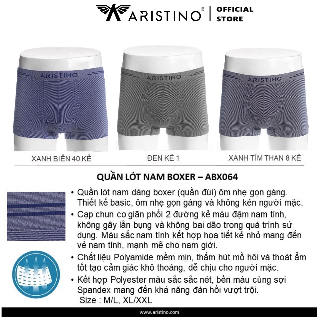 Quần lót nam boxer Aristino ABX064 sịp đùi chất Polyamide cao cấp co giãn mềm mịn thoáng mát thấm hút xì nam chính hãng