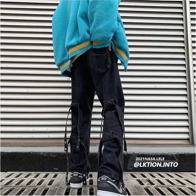 Quần jean ống rộng nam nữ unisex màu xanh nhạt và đen trang trí dây đẹp mới hà nội hcm Pon.mens
