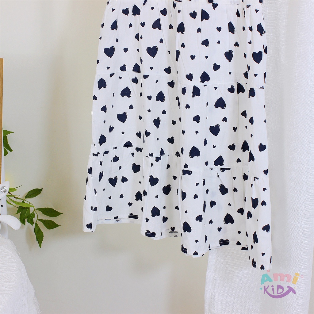 Đầm Bé Gái Họa Tiết Trái Tim Cổ Phối Nơ Xinh Xắn, Váy Babydoll 2 Tầng Tay Cánh Tiên Công Chúa Cho Tr