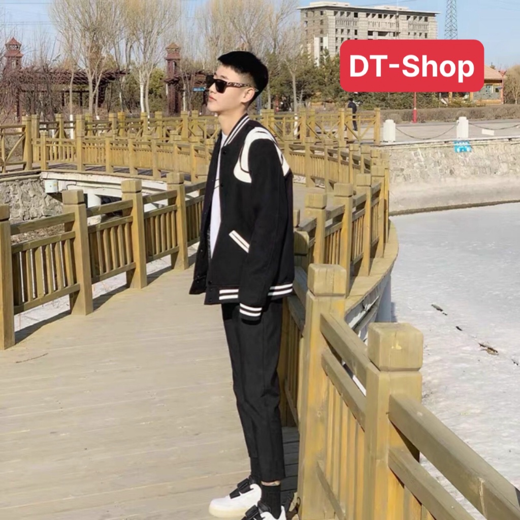 Áo bomber sọc vai form rộng cài nút chất nỉ bông dày dặn