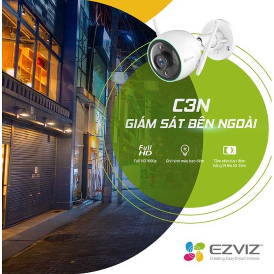 Camera ngoài trời không dây EZVIZ C3N wifi 2.0 Megapixel, ghi hình màu ban đêm, tích hợp AI phát hiện người