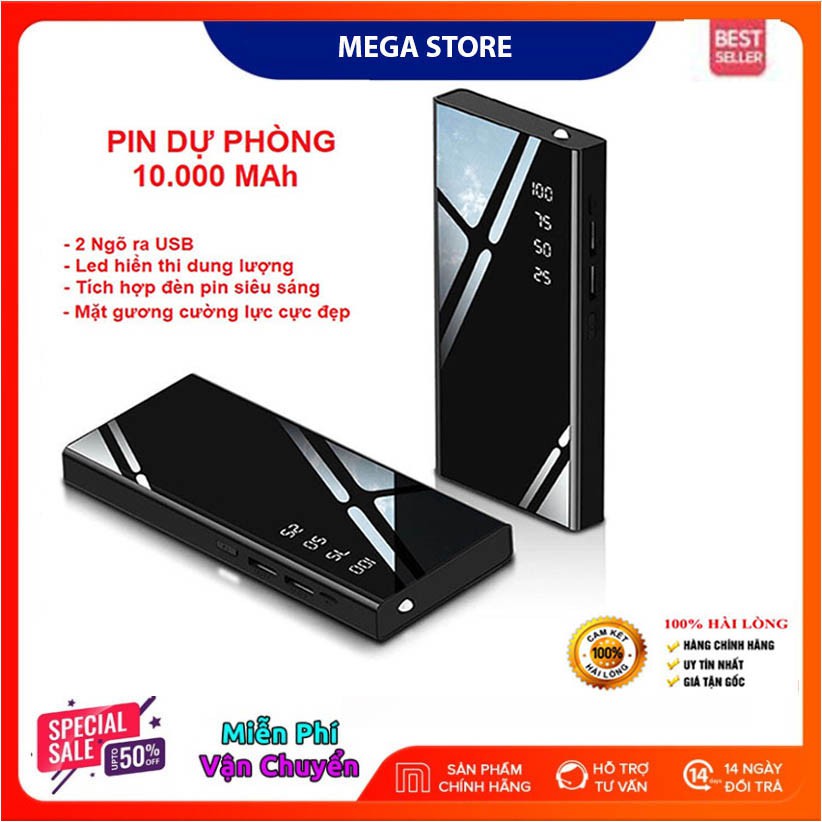 💥Bảo Hành 6 Tháng💥Sạc Dự Phòng 10000 mAh Mặt Kính hiển thị pin.2 Cổng USB có đèn