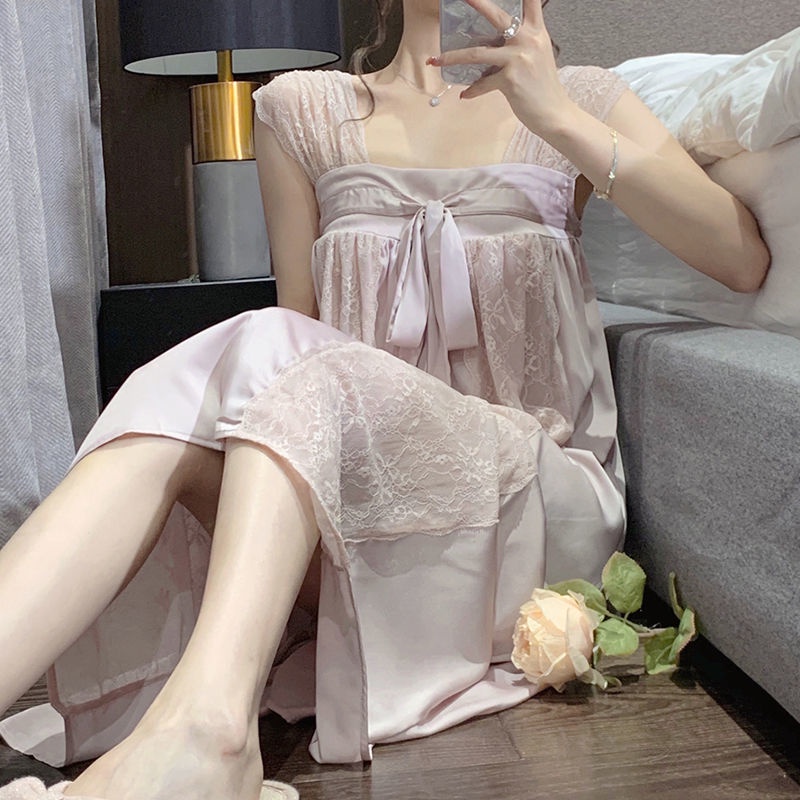 Cổ Phiếu Sẵn Sàng❣Ah F &amp; X Đầm Ngủ Công Chúa Hai Dây Dáng Dài Phối Ren Đính Nơ Kiểu Công Chúa Ngọt Ngào Mùa Hè Retro Mặc Nhà Cho Nữ
