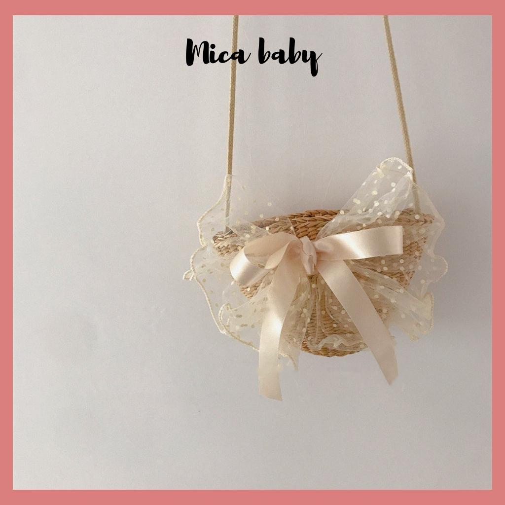Túi cói đeo chéo đính nơ voan bản to siêu cưng cho mẹ và bé Mica Baby TC07