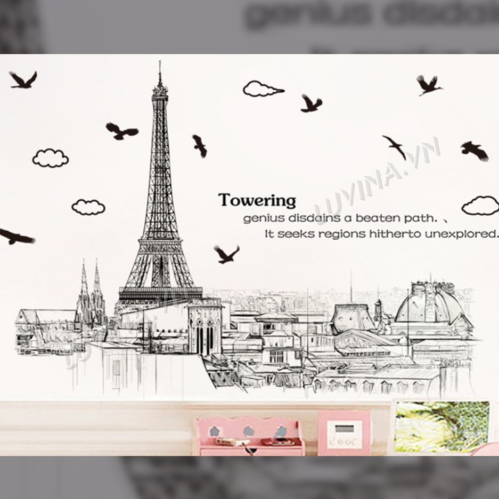 Decal dán tường trang trí quán cafe, văn phòng,phòng khách - Thành phố Paris nâu