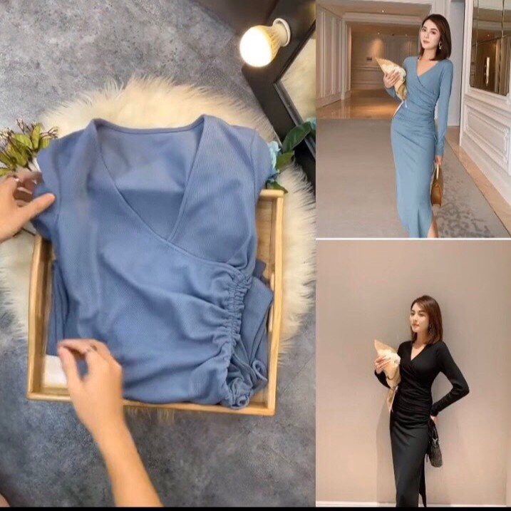 [ Mã FAMAYWA2 giảm 10K đơn 50K] Đầm body tăm cổ chéo rút eo vải mềm co giãn , đầm hotgirl