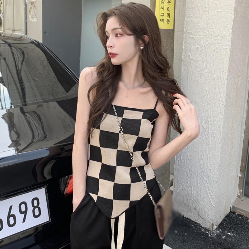 Áo hai dây dệt kim họa tiết sọc caro thiết kế độc đáo thời trang quyến rũ cho nữ