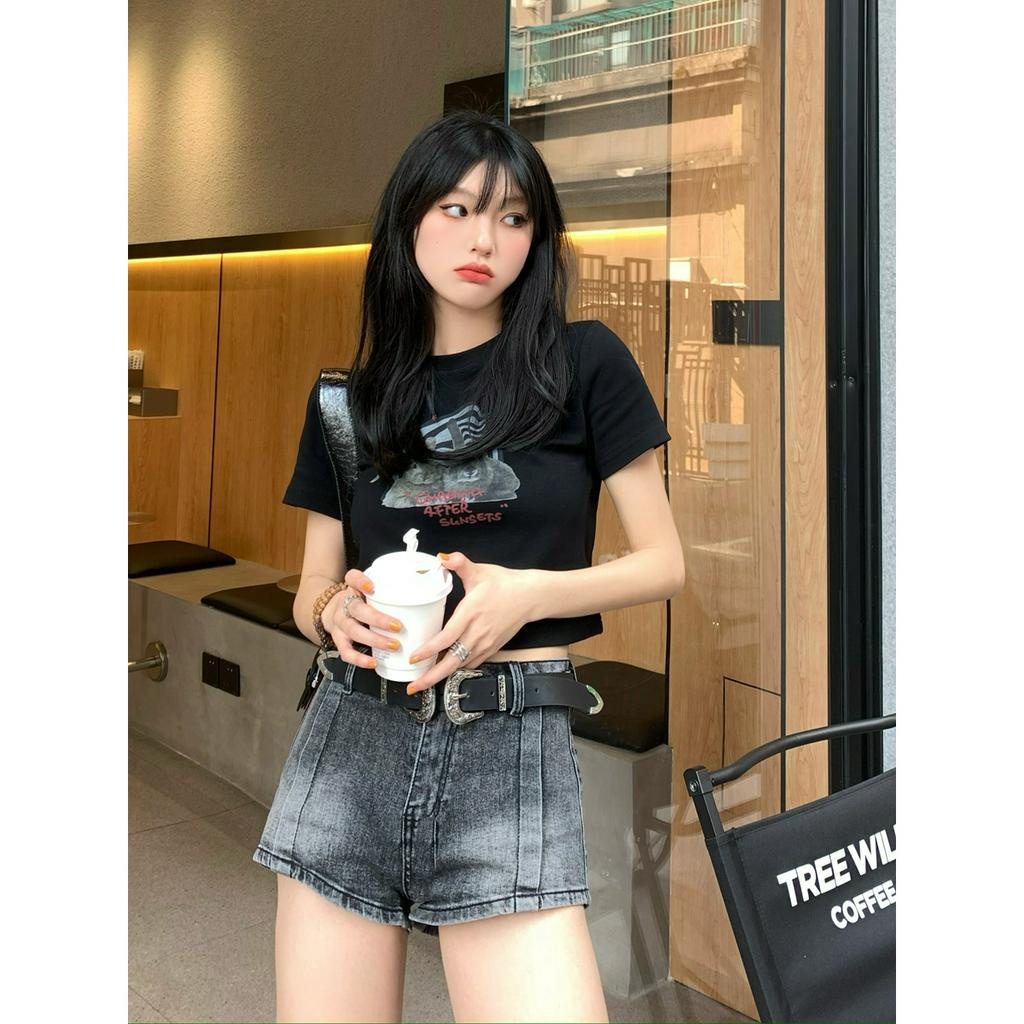 Quần Short Denim Lưng Cao Phong Cách Mỹ Thời Trang Mùa Hè Quyến Rũ Cho Nữ