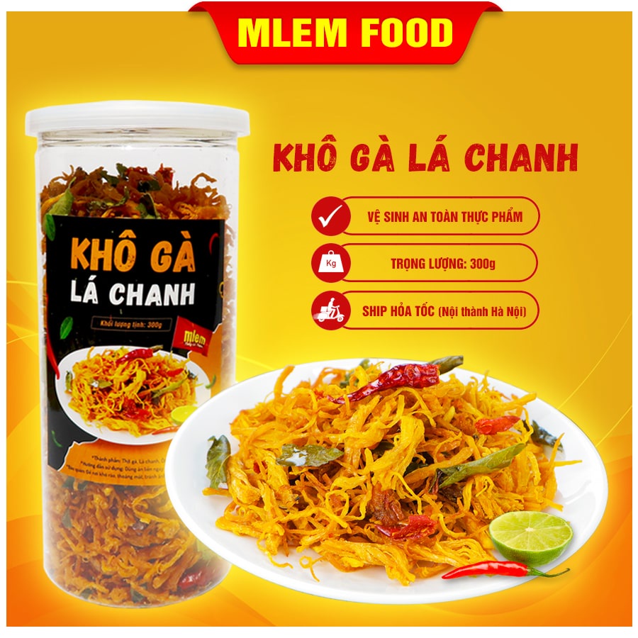 Khô gà lá chanh xé cay 300gr Mlem Food, Gà khô xé sợi lá chanh - Đồ ăn vặt Hà Nội