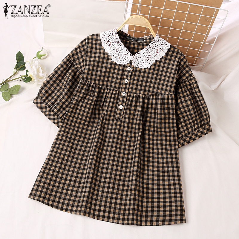 Áo sơ mi ZANZEA tay ngắn phối ren họa tiết sọc caro thời trang cho nữ