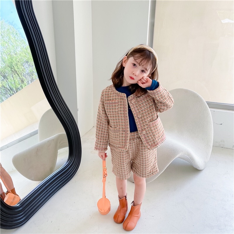 Size 90cm Set dạ Tweed Hàn Quốc thu đông phong cách tiểu thư sang chảnh cực xinh cho bé gái