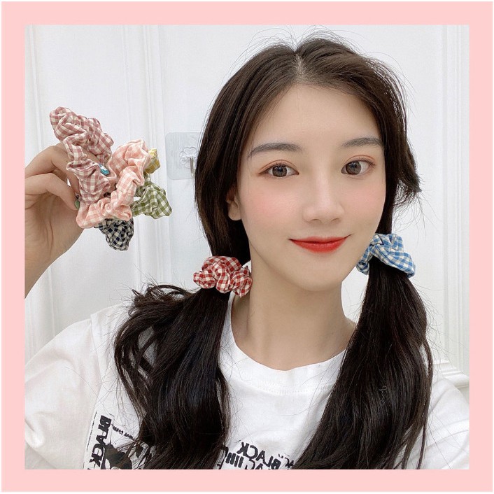 Dây buộc tóc, cột tóc vải scrunchies caro cao cấp, kiểu dáng dễ thương, phong cách Hàn Quốc