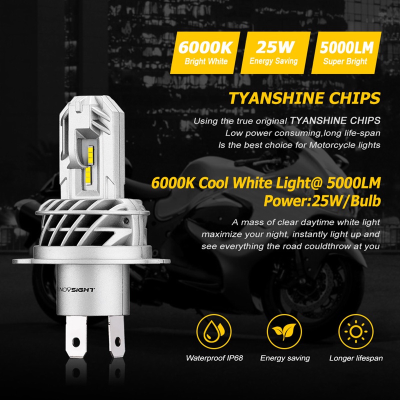 Đèn pha NOVSIGHT H4 LED 5000LM 6000K 25W cho xe mô tô