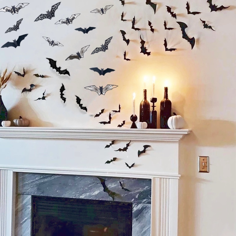 Miếng Dán Tường / Cửa Sổ Bằng PVC Hình Dơi Đen 3D Trang Trí Halloween DIY