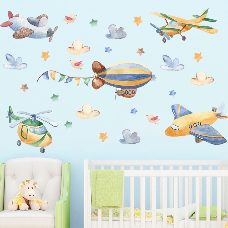 Sticker Dán Tường Hình Máy Bay Màu Nước Hoạt Hình Dành Cho Phòng Trẻ Em
