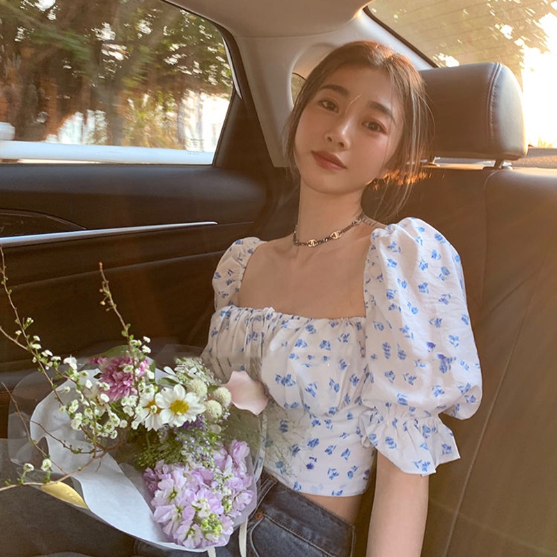 Áo IELGY ngắn tay cổ vuông in hoa thời trang cho nữ