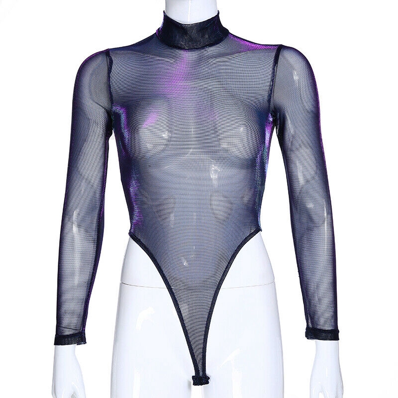Bodysuit dài tay phối lưới xuyên thấu phong cách quyến rũ dành cho nữ