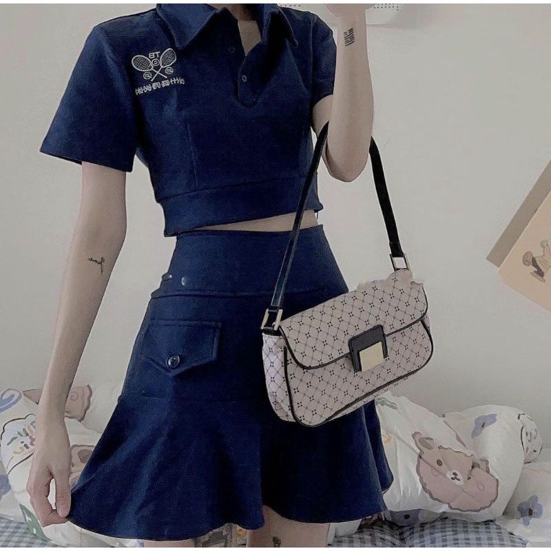 Bộ Áo Polo Chân Váy Tenis Nữ Xanh 🦋 Set Áo Polo Thêu Hình Cộc Tay Kèm Chân Váy Ngắn Xòe 🦋