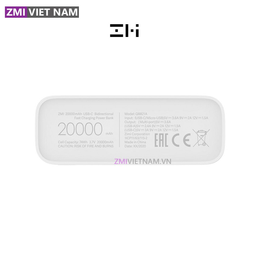 Sạc Dự Phòng ZMI QB821A 20000mAh, 1 Cổng Type C, 1 Micro, 2 USB A | Bảo Hành 18 Tháng