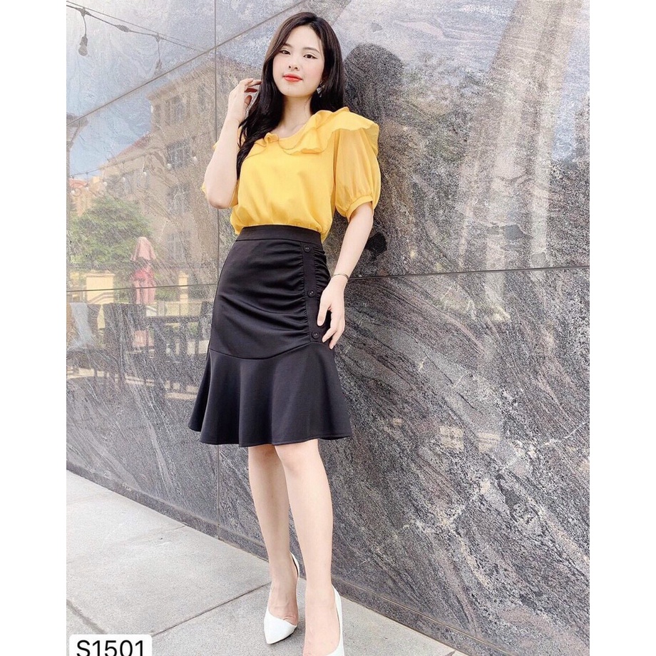Set áo cổ sen tay búp phối chân váy đuôi cá nhún hông 3 nút thanh lịch