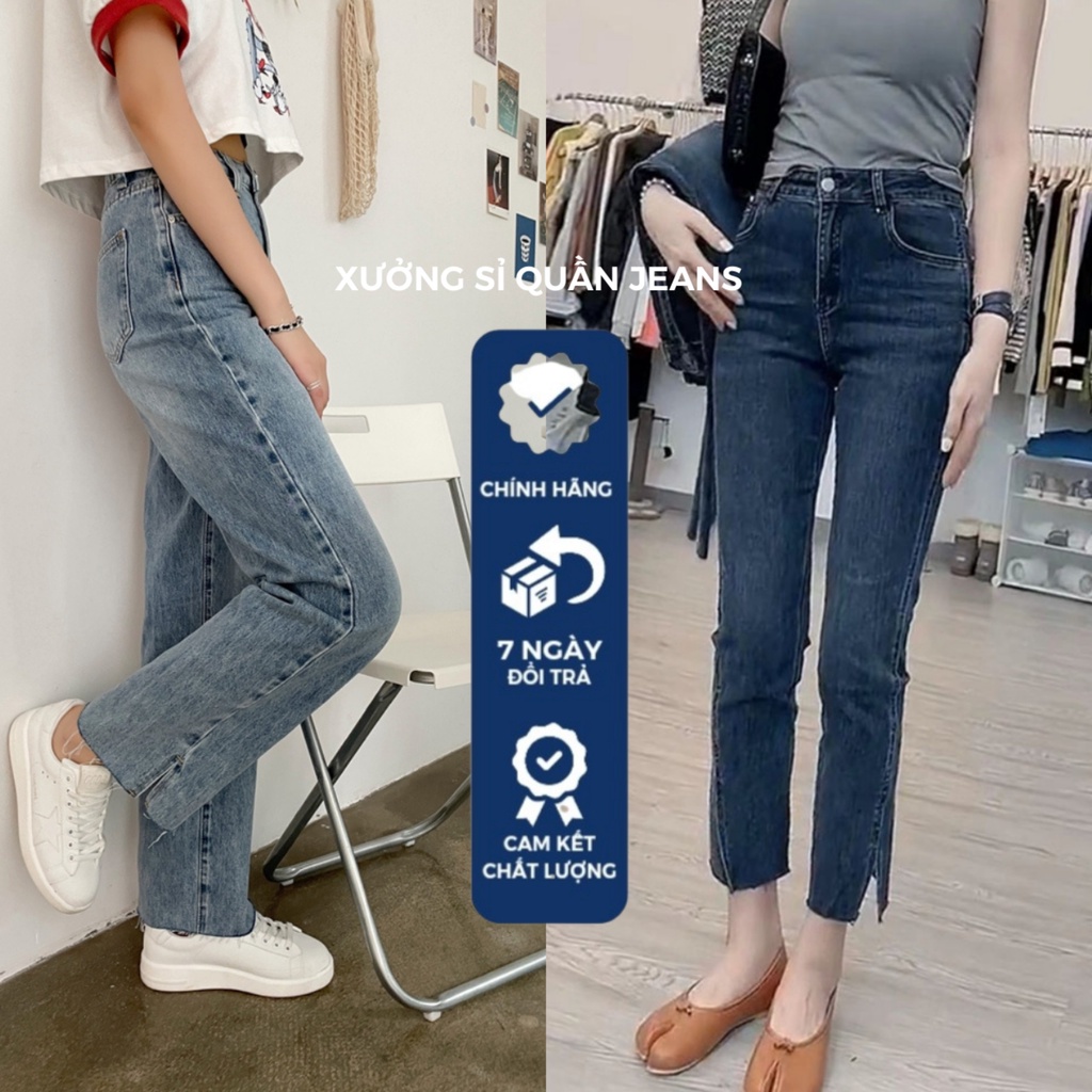Quần jeans bò nữ xẻ gấu đậm chất vải co dãn phong cách Hàn Quốc