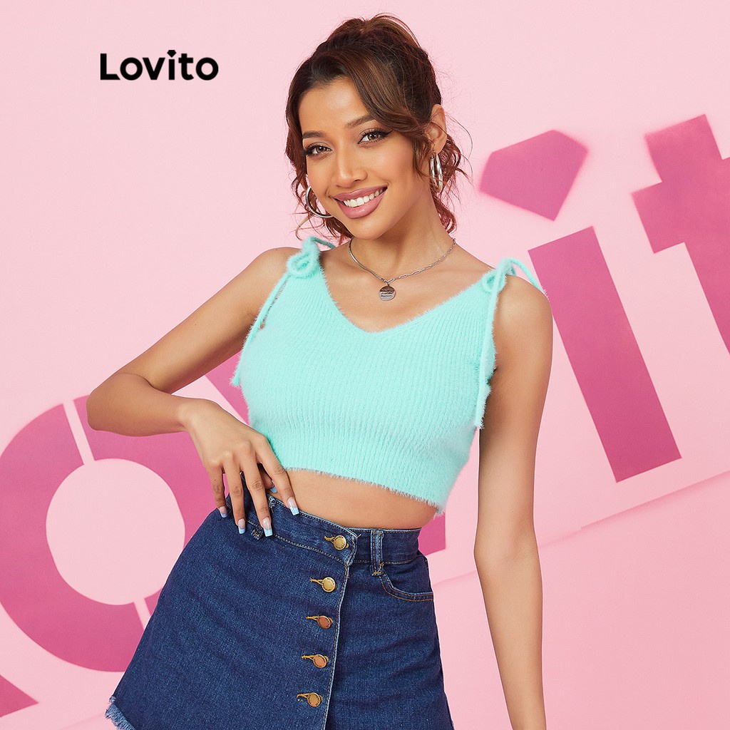 Áo dệt kim Lovito trễ vai cổ chữ v màu trơn thiết kế buộc dây phong cách thường ngày L16X272 (Màu xanh dương)