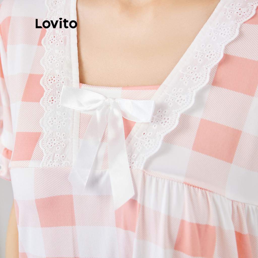 Đồ ngủ Lovito phối ren tương phản họa tiết caro phong cách thường ngày L15X104 (Màu hồng)