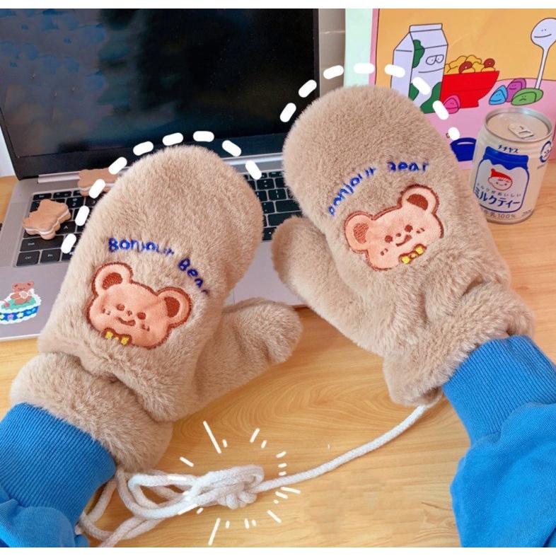 Găng tay lông xù cute đệm bông bên trong siêu ấm thời trang Hàn Quốc dễ thương