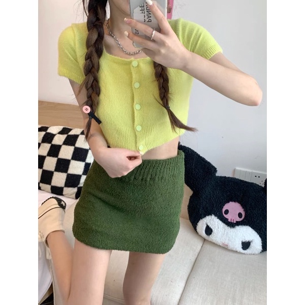 Set áo croptop chân váy body len bông