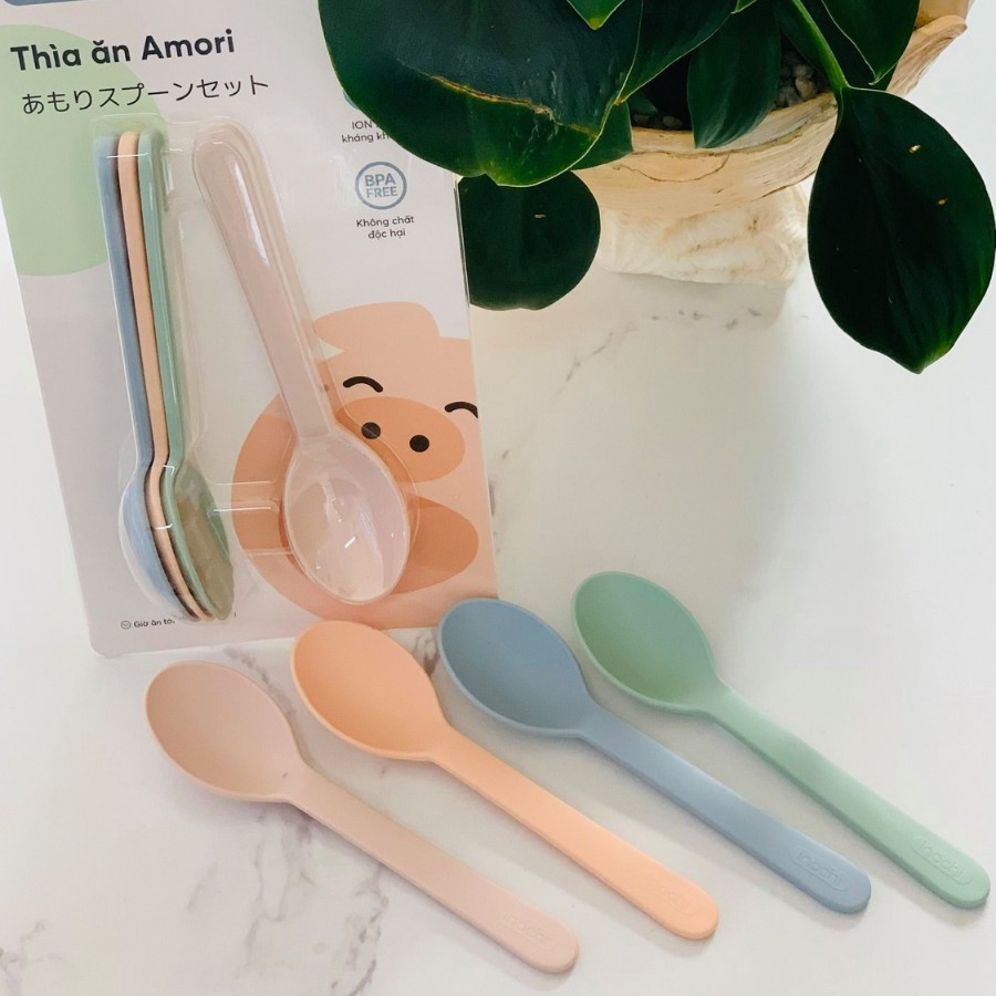 Bộ 04 thìa ăn dặm, muỗng ăn cơm cho bé Amori Inochi loại dài cho trẻ nhỏ tự ăn thông minh