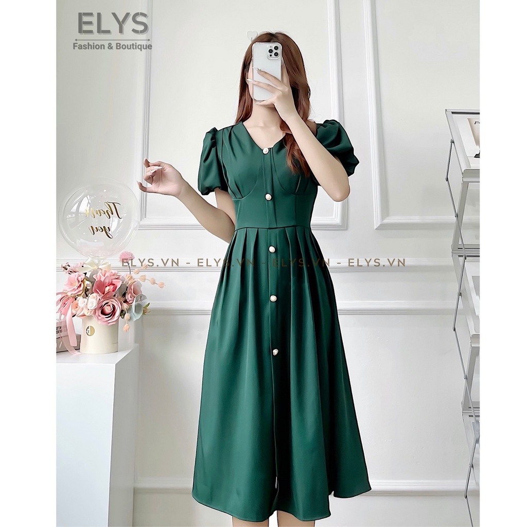 Váy Tiểu Thư Công Sở ELYS Thiết Kế Dáng Xòe Tay Bồng Phối Cúc Ngọc Cao Cấp LY019