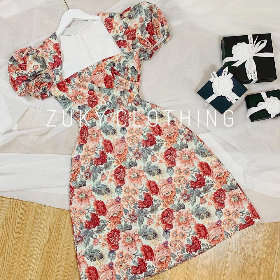 Đầm chữ A dự tiệc tay ngắn phồng