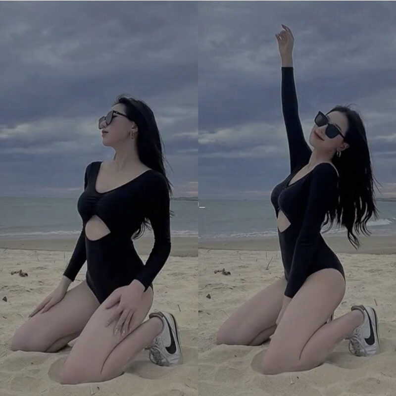 Bikini đồ bơi nữ dài tay kín đáo chống nắng khoét bụng tam giác L14