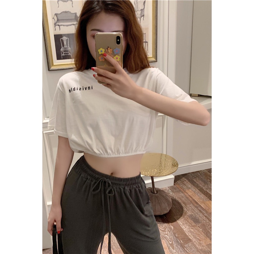 Áo Croptop Trắng Eo Chun Siêu Xinh Họa Tiết INVISIBLE ⚡ Áo Thun Nữ Ngắn Đáng Yêu Cực Dễ Mix Đồ