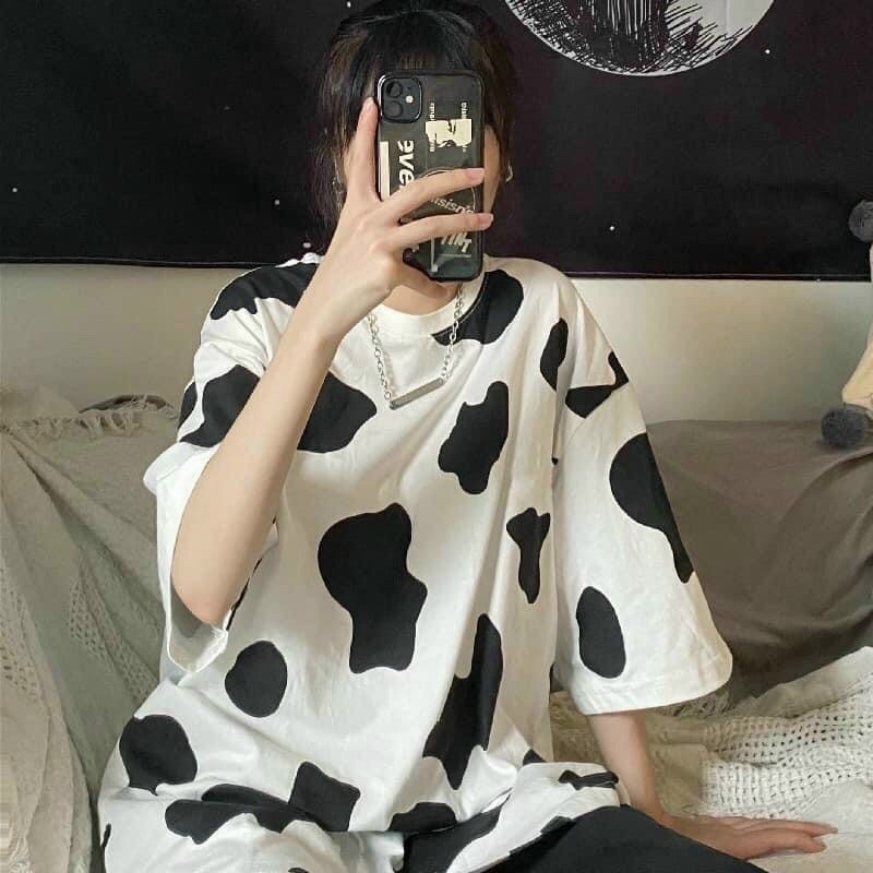 Áo thun tay lỡ nam nữ in hình họa tiết bò sữa hàng hot!