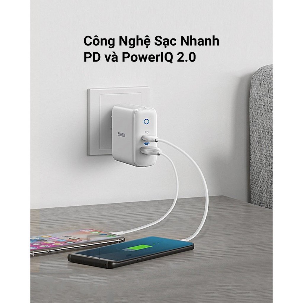 Củ sạc nhanh ANKER PowerPort PD+2 công suất 35w, 1 USB-C PD 20w, 1 PowerIQ 2.0 15w - A2636 - BẢO HÀNH 12 THÁNG