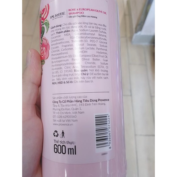 Dầu gội Purite de Provence Anh Đào,Hoa Hồng 600ml