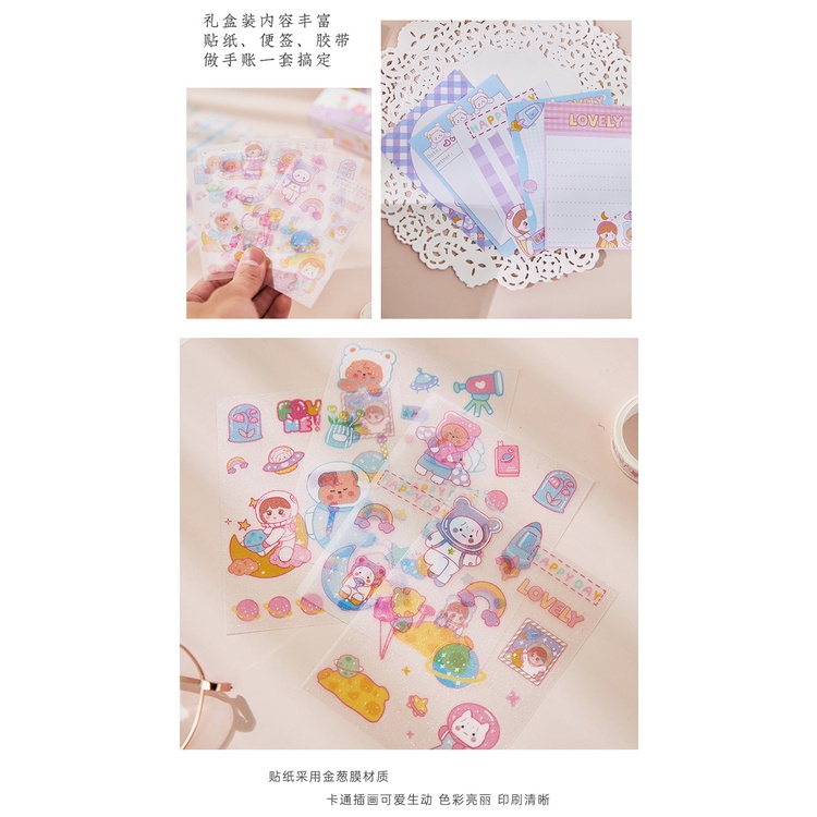 Cuộn washi, sticker và giấy note nguyên bộ