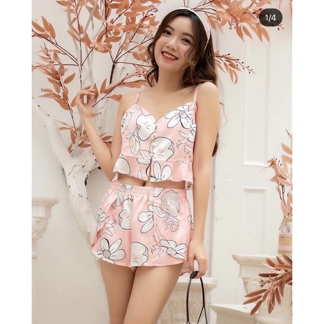B049H -SET ĐỒ BỘ QUẦN ÁO NGỦ HOA HỒNG ĐÍNH NÚT - SEXY, GỢI CẢM & QUYẾN RŨ - HOTSALE XỊN XÒ CAO CẤP TỪ QUẢNG CHÂU CHO NỮ