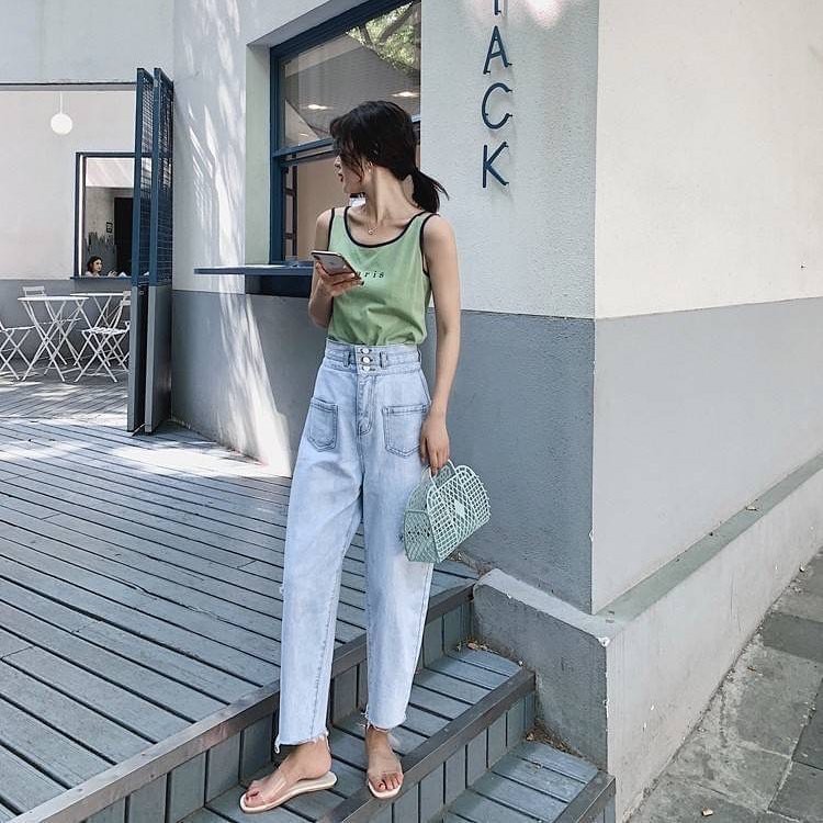 [ FREESHIP,CÓ LOẠI KHÔNG RÁCH ] QUẦN BAGGY JEAN NỮ LƯNG CAO MÀU XANH NHẠT 2 TÚI TRƯỚC 3 NÚT SIÊU CÁ TÍNH