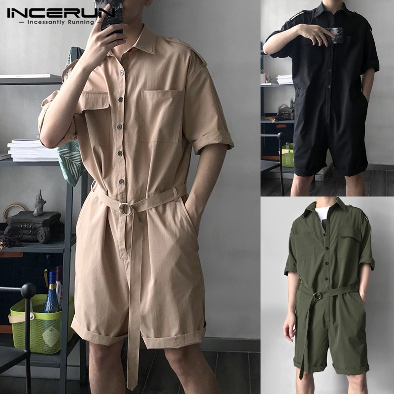 Bộ áo liền quần ngắn tay phối nút phong cách dân tộc cho nam