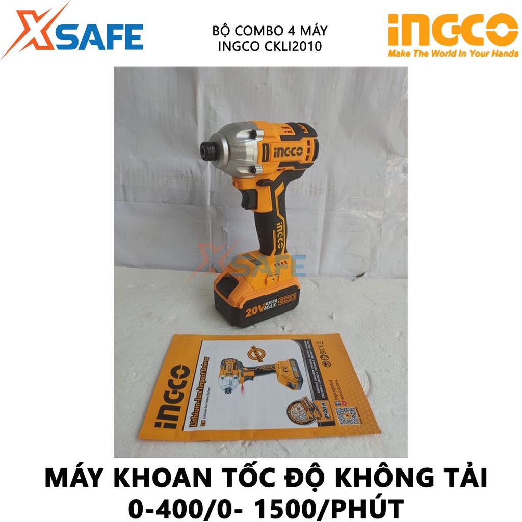 Bộ máy khoan cầm tay, máy bắn vít, máy cưa lọng, máy cưa đĩa tròn dùng pin 20V INGCO CKLI2010 gồm 4 máy, kèm 2 pin 4ah