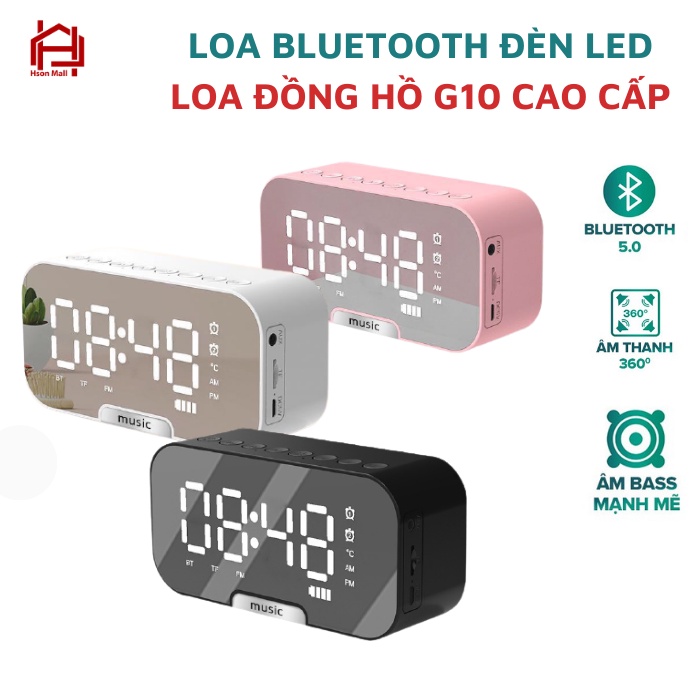 Loa bluetooth đồng hồ G10 cao cấp, loa mini HSON kiêm báo thức, nghe đài FM, màn hình tráng gương hiển thị đèn led