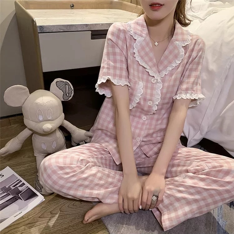 Bộ đồ ngủ nữ tay ngắn kẻ sọc caro thoải mái thời trang xuân thu phong cách Hàn Quốc | BigBuy360 - bigbuy360.vn