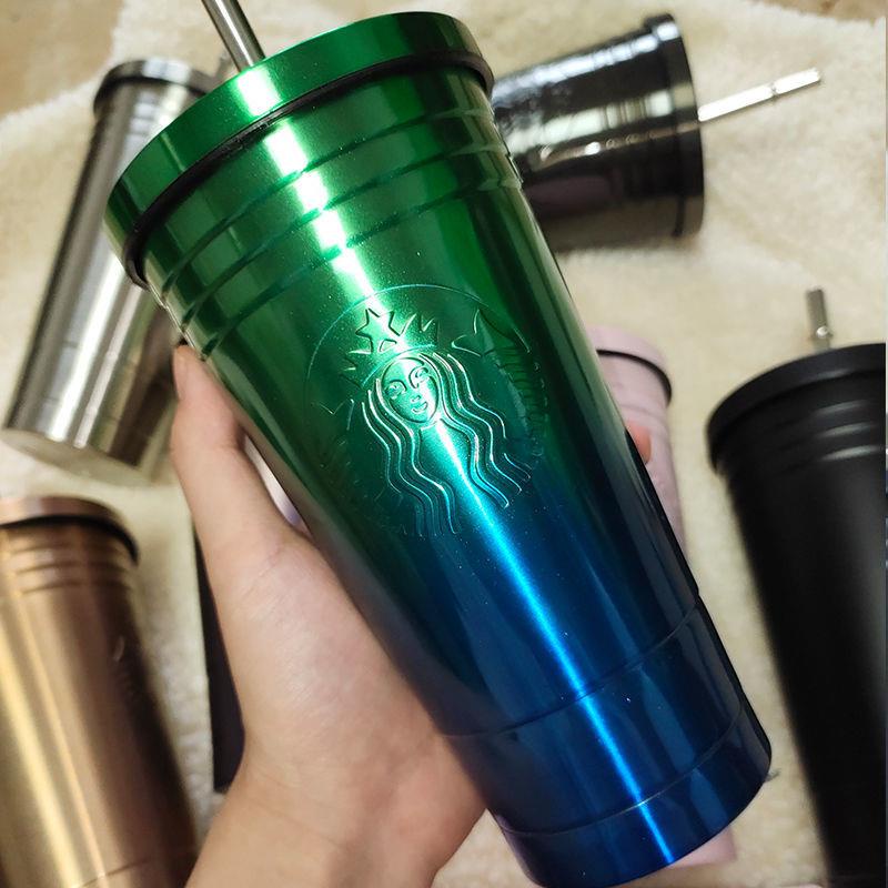 Cốc Uống Cà Phê Starbucks Giữ Nhiệt Bằng Thép Không Gỉ Dập Nổi Họa Tiết Bầu Trời Đầy Sao Kèm Ống Hút Cho Văn Phòng