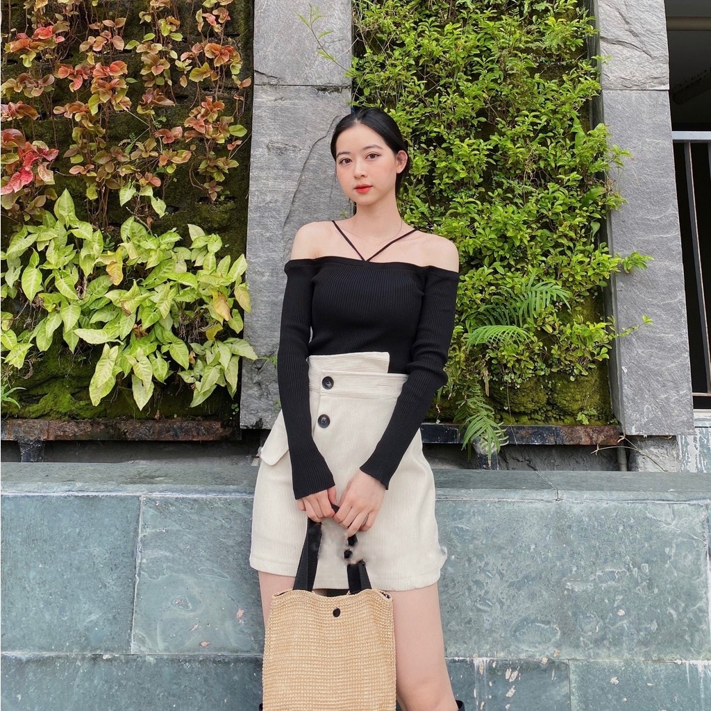 Áo croptop nữ ôm body dài tay trễ vai cột dây cổ yếm - Morsela