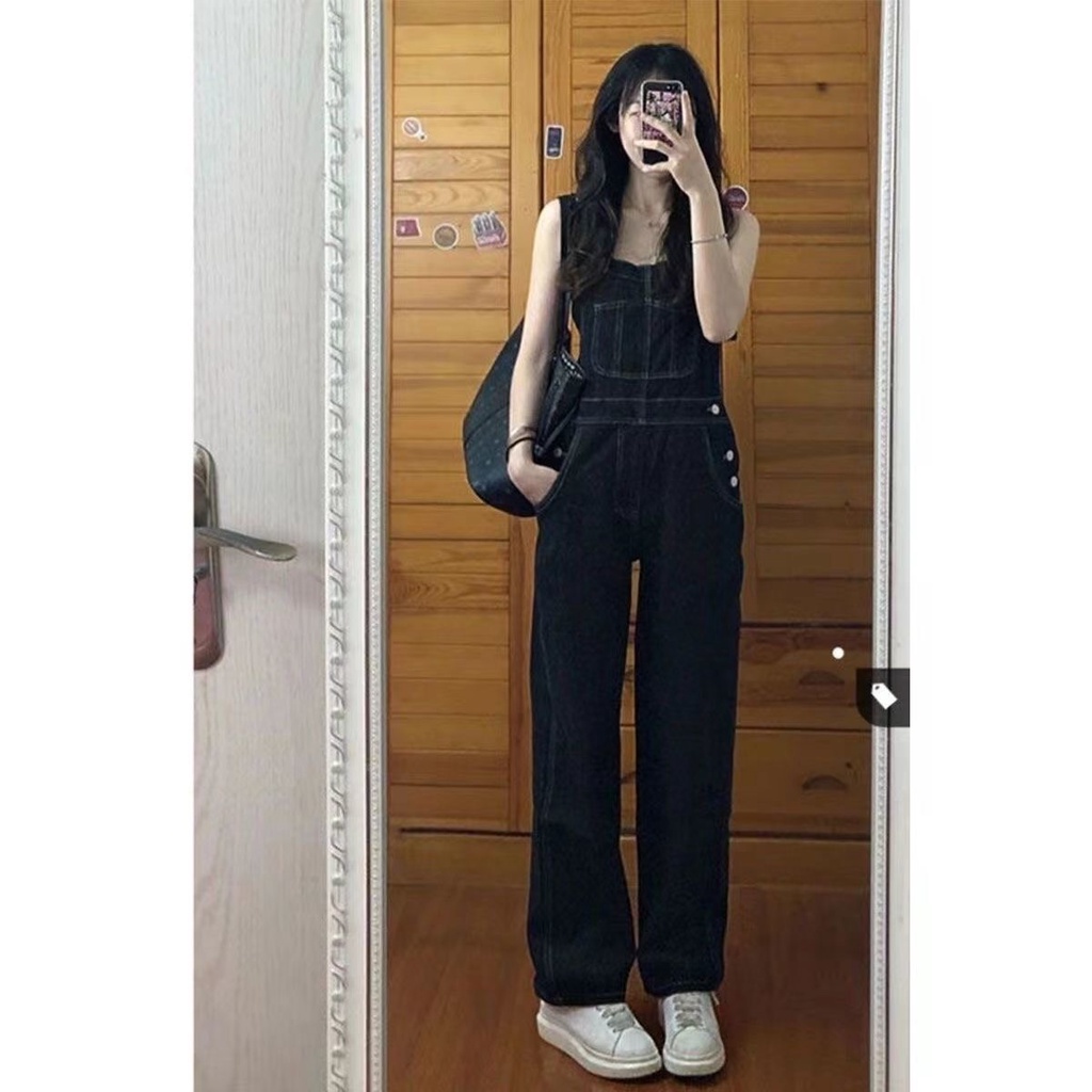 Quần yếm jeans đen dài ống rộng hack dáng thiết kế Hàn Quốc 2023
