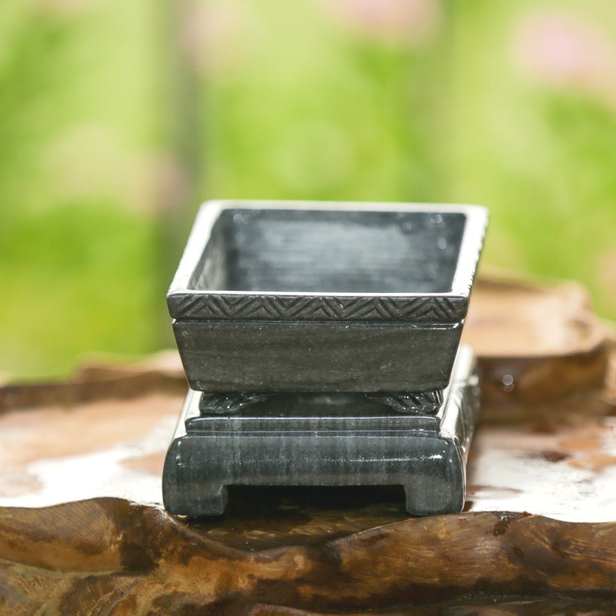 Chậu đá đen đục chạm tay nguyên khối chữ nhật chân đôn dời trồng bonsai mini, KT: 12.5x8.5x6.5