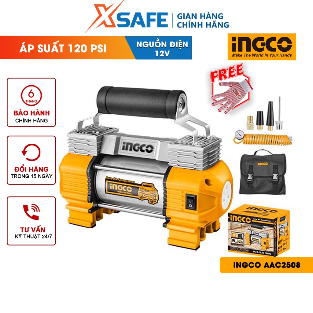 Máy bơm hơi lốp xe INGCO AAC2508 - Dây nguồn 3M có đầu gắn xe hơi, 3 đèn LED, áp suất tối đa: 120PSI